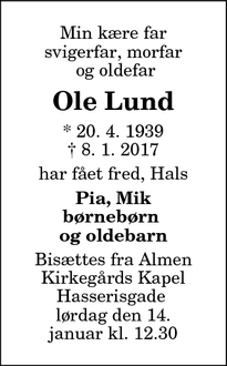 Dødsannoncen for Ole Lund - Hals