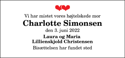 Dødsannoncen for Charlotte Simonsen - Nørresundby