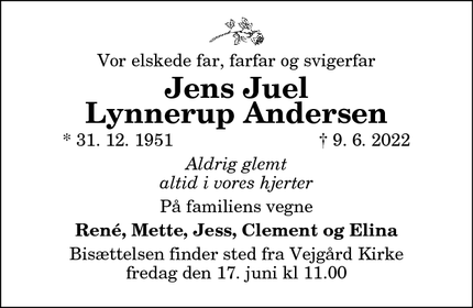 Dødsannoncen for Jens Juel
Lynnerup Andersen - Aalborg