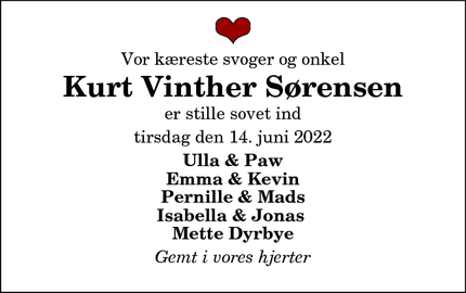 Dødsannoncen for Kurt Vinther Sørensen - Sindal