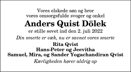 Dødsannoncen for Anders Quist Dölek - Vallensbæk