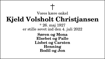 Dødsannoncen for Kjeld Volsholt Christjansen - Hirtshals