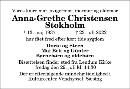 Dødsannoncen for Anna-Grethe Christensen Stokholm - Lendum