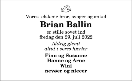 Dødsannoncen for Brian Ballin - Nr. Kongerslev, 9293 Kongerslev