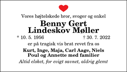 Dødsannoncen for Benny Gert
Lindeskov Møller - Storvorde