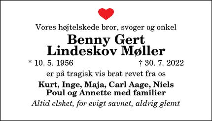 Dødsannoncen for Benny Gert
Lindeskov Møller - Storvorde
