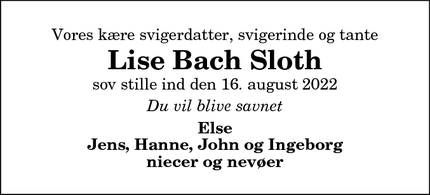 Dødsannoncen for Lise Bach Sloth - Esbjerg Ø