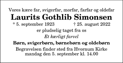 Dødsannoncen for Laurits Gothlib Simonsen - Hvornum