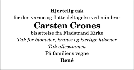 Dødsannoncen for Carsten Crones - Hovedgård