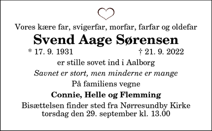 Dødsannoncen for Svend Aage Sørensen - Nørresundby