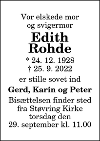 Dødsannoncen for Edith Rohde - Støvring