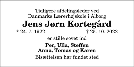 Dødsannoncen for Jens Jørn Kortegård - Aalborg