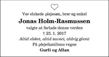 Dødsannoncen for Jonas Holm-Rasmussen - Brønderslev