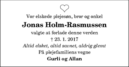 Dødsannoncen for Jonas Holm-Rasmussen - Brønderslev