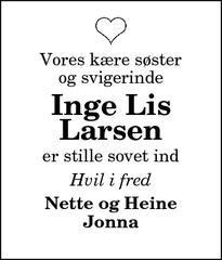 Dødsannoncen for Inge Lis
Larsen - Brønderslev