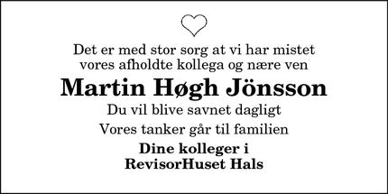 Dødsannoncen for Martin Høgh Jönsson - Aalborg