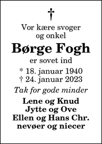 Dødsannoncen for Børge Fogh - 9610 Nørager