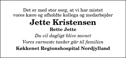 Dødsannoncen for Jette Kristensen - Sindal