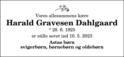 Dødsannoncen for Harald Gravesen Dahlgaard - Frøstrup