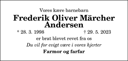 Dødsannoncen for Frederik Oliver Märcher
Andersen - Mariager