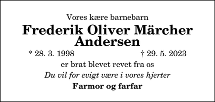 Dødsannoncen for Frederik Oliver Märcher
Andersen - Mariager