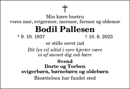 Dødsannoncen for Bodil Pallesen - Aalborg