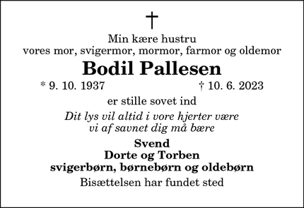 Dødsannoncen for Bodil Pallesen - Aalborg