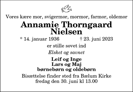 Dødsannoncen for Annamie Thorngaard
Nielsen - Nibe