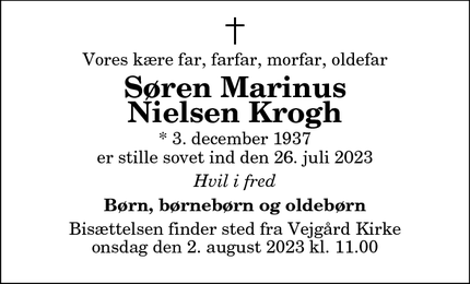 Dødsannoncen for Søren Marinus
Nielsen Krogh - Aalborg