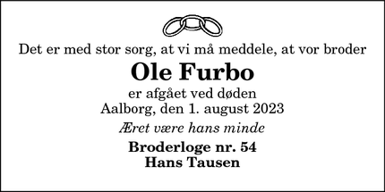 Dødsannoncen for Ole Furbo - Aalborg