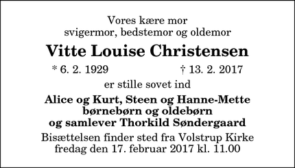 Dødsannoncen for Vitte Louise Christensen - Sæby