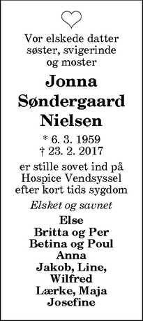 Dødsannoncen for Jonna Søndergaard Nielsen - Rakkeby