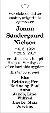 Dødsannoncen for Jonna Søndergaard Nielsen - Rakkeby
