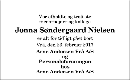 Dødsannoncen for Jonna Søndergaard Nielsen - Rakkeby