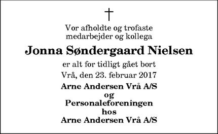 Dødsannoncen for Jonna Søndergaard Nielsen - Rakkeby