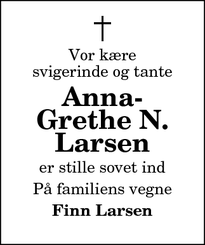 Dødsannoncen for Anna-Grethe N. Larsen - Vrå