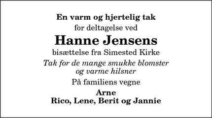 Dødsannoncen for Hanne Jensens - Aars/Aalestrup