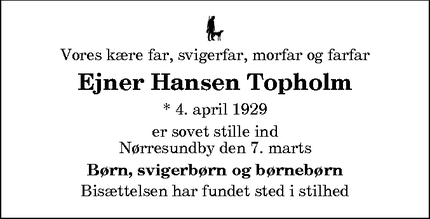 Dødsannoncen for Ejner Hansen Topholm - Nørresundby