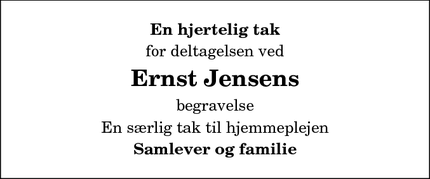 Dødsannoncen for Ernst Jensens  - Sindal