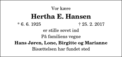 Dødsannoncen for Hertha E. Hansen - Rødekro