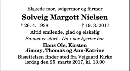 Dødsannoncen for Solveig Margott Nielsen - Aalborg