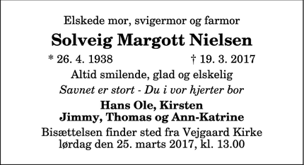 Dødsannoncen for Solveig Margott Nielsen - Aalborg