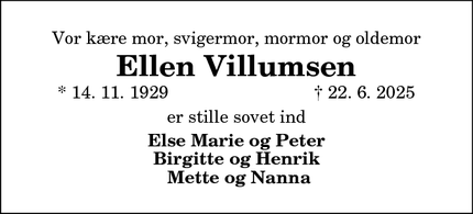 Dødsannoncen for Ellen Villumsen - Brønderslev