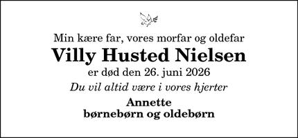 Dødsannoncen for Villy Husted Nielsen - Rakkeby