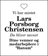 Dødsannoncen for Lars
Porsborg
Christensen - RANUM