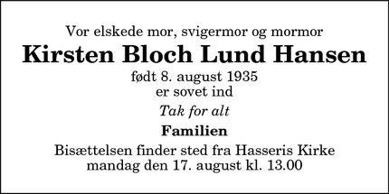 Dødsannoncen for Kirsten Bloch Lund Hansen - Aså