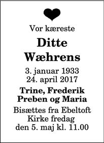 Dødsannoncen for Ditte Wæhrens - Ebeltoft