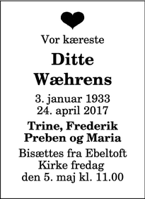 Dødsannoncen for Ditte Wæhrens - Ebeltoft