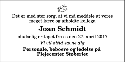 Dødsannoncen for Joan Schmidt - Brønderslev