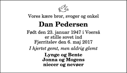 Dødsannoncen for Dan Pedersen - Fjerritslev. Isættes under vendsyssel